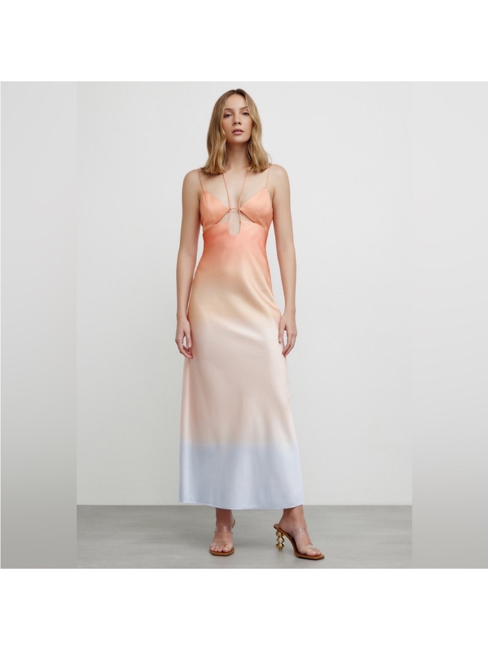 Ombre Satin Slip Midi Dress in Peach
